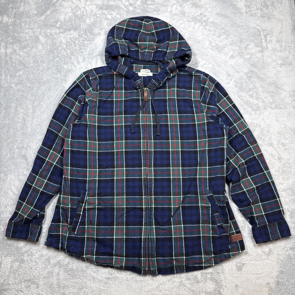 LL Bean Hoodie Womens 1X Blue Green Plaid Flannel Zip Up Shacket Shirt